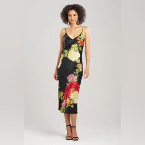 Natori Caterina Floral Black Midi Spaghetti Strap Slip Dress Sz L